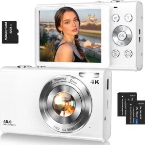 Appareil photo numérique, appareil photo Vlogging 4K autofocus pour la photographie avec carte 32 Go, appareil photo numérique compact portable 48 MP pour adolescents adultes débutants avec zoom 16X, anti-tremblement, 2 piles (blanc)