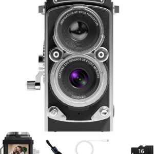 CHUZHAO Mini appareil photo numérique vintage, portable, style TLR rétro, compact, petite poche, vidéo FHD 1080p, 12 MP, mise au point automatique, caméra Vlogging avec carte 16 Go pour débutants, adolescents, adultes, noir