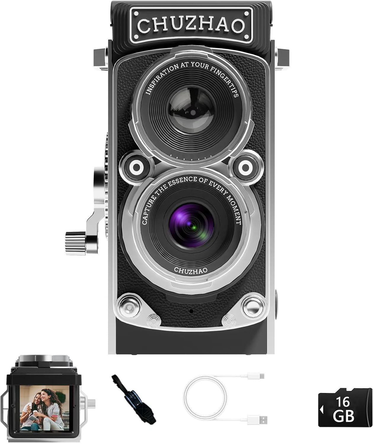 CHUZHAO Mini appareil photo numérique vintage, portable, style TLR rétro, compact, petite poche, vidéo FHD 1080p, 12 MP, mise au point automatique, caméra Vlogging avec carte 16 Go pour débutants, adolescents, adultes, noir