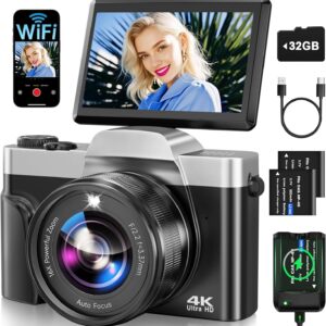 Appareil photo numérique 4K pour la photographie avec WiFi Caméra de vlogging à mise au point automatique 64MP pour vidéo YouTube Caméras 4K à écran rabattable à 180 ° de 3 pouces Zoom 16X Anti-secousse Appareils photo compacts de pointage et de prise de vue avec carte SD