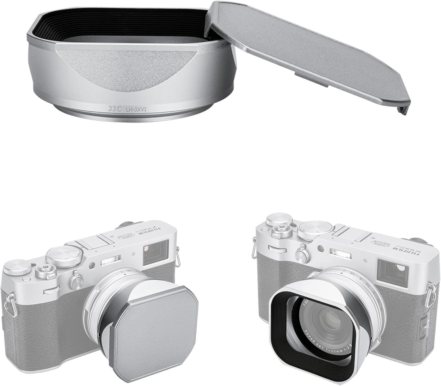 JJC LH-X100 Pare-soleil carré en métal avec bague d'adaptation AR-X100 49 mm pour appareils photo Fuji Fujifilm X100VI X100V X100F, pare-soleil LH-X100 avec bague d'adaptation de filtre, permet de fixer un filtre UV/ND/CPL de 49 mm