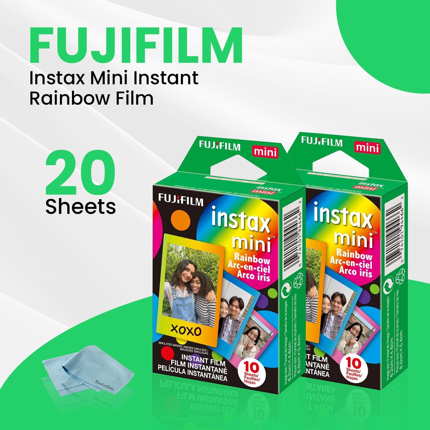 Fujifilm Instax Mini Film arc-en-ciel instantané, 20 feuilles + chiffon de nettoyage en microfibre BluebirdSales – Image 2