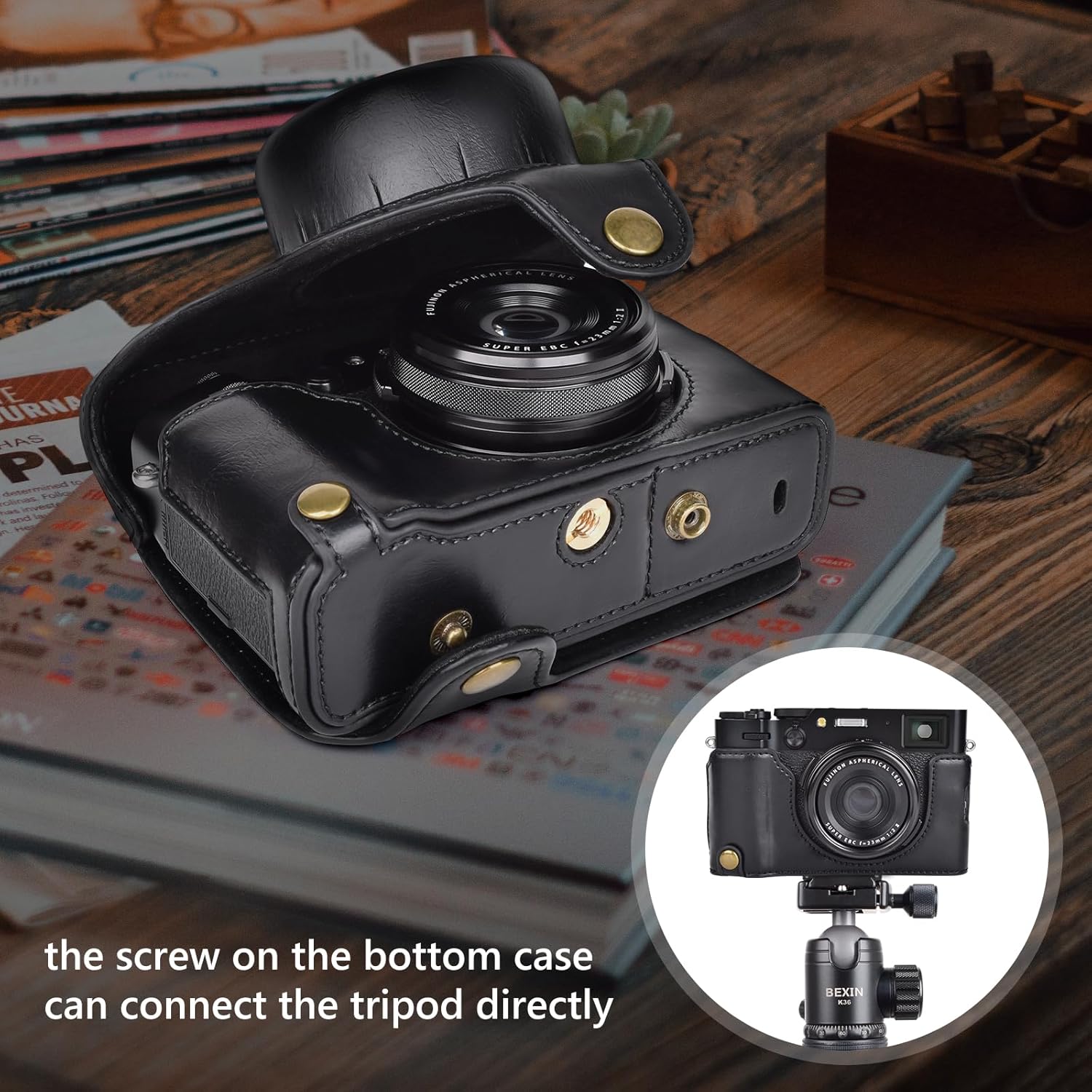 MUZIRI KINOKOO Étui compatible avec appareil photo numérique Fujifilm X100VI, housse de protection en cuir PU avec bandoulière réglable, portable et facile à transporter – Noir – Image 6