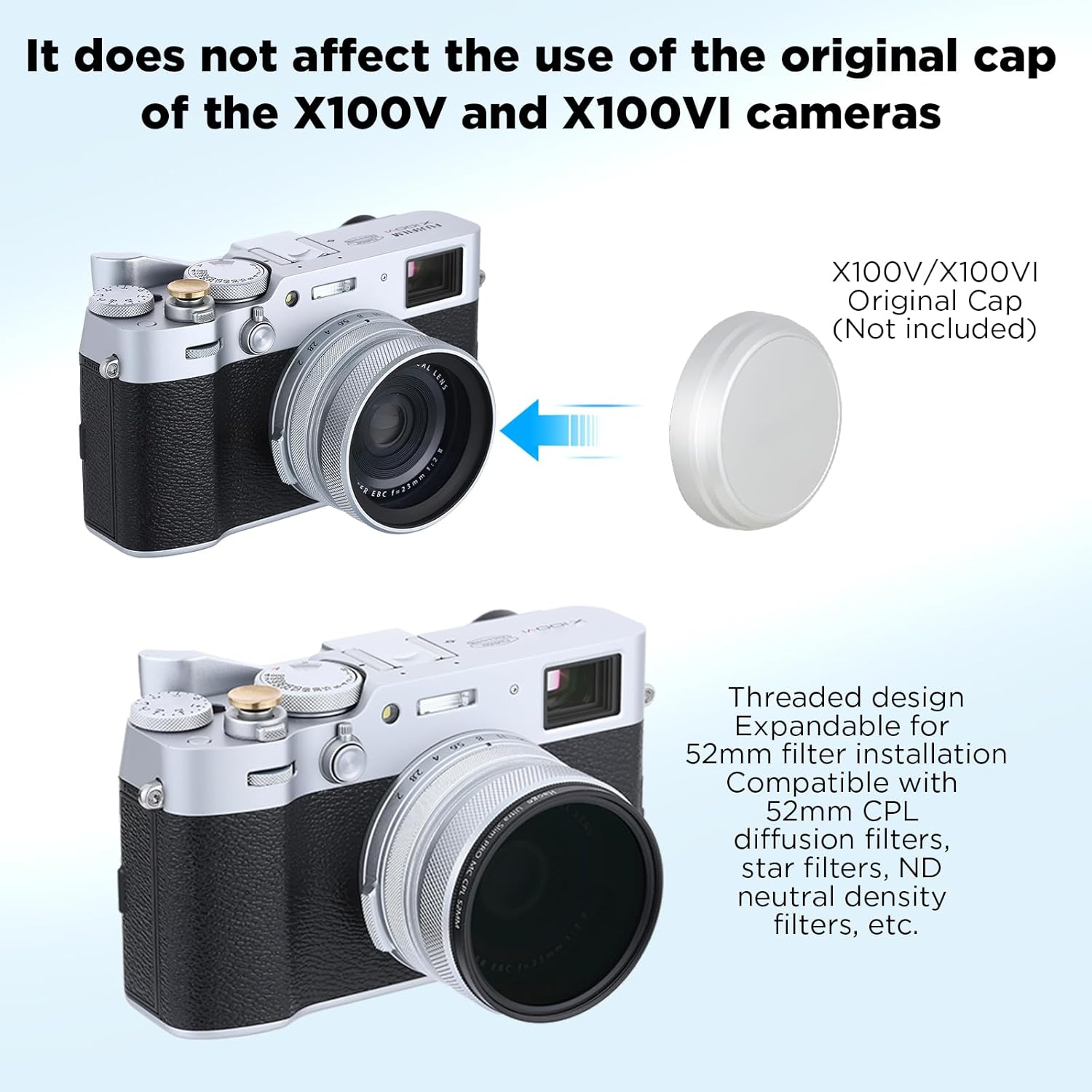 Haoge LUV-X54W Pare-soleil en métal avec protection UV MC Filtre d'objectif ultraviolet multicouche pour appareil photo Fujifilm X100VI Fuji X100V Argent – Image 5