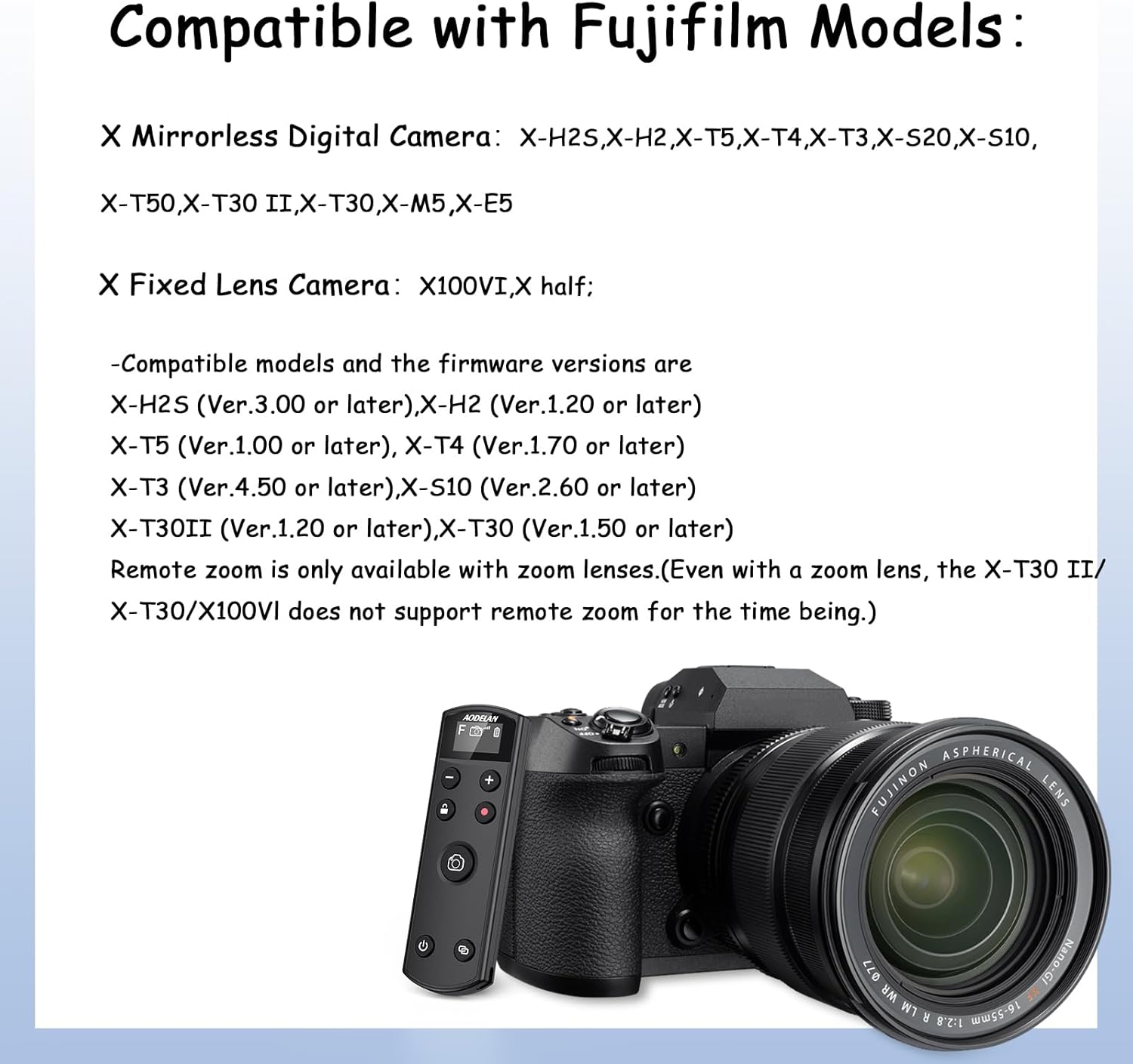 Déclencheur rechargeable pour appareil photo Fujifilm, télécommande sans fil AODELAN compatible avec Fuji X-T30 II, X-S10, X-H2, X-H2S, X-T3, X-T4, X-T5, X-S20, X-T30, X-T50, X-M5, X100VI, X-E5, X Half – Image 2