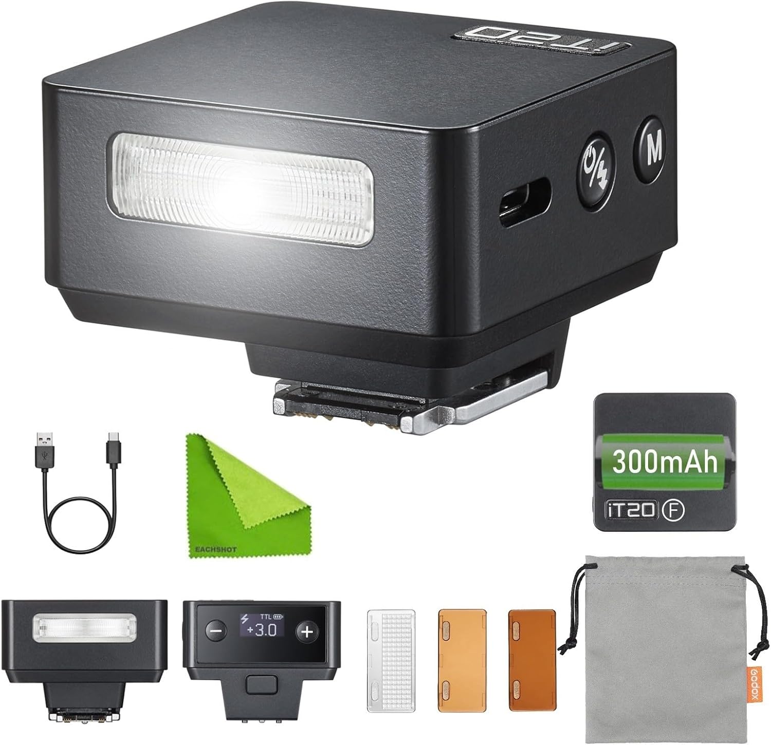 Godox iT20 F iT20F GODOX TTL Mini flash automatique pour Fujifilm X-T5, X-T4, X-T3, X-T30, X-T20, modes TTL/manuel, filtres de couleur magnétiques, recyclage 1,5 s, déclenchement de griffe pour Fuji X100V X100VI X-E4 (Noir)