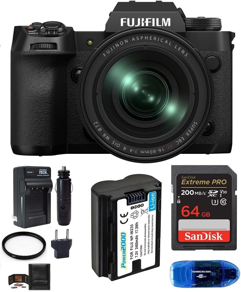 Appareil photo sans miroir Fujifilm X-H2 avec objectif 16-80 mm, comprend : carte mémoire SanDisk SDXC Extreme PRO 64 Go, batterie Power2000 de rechange et plus (7 pièces)