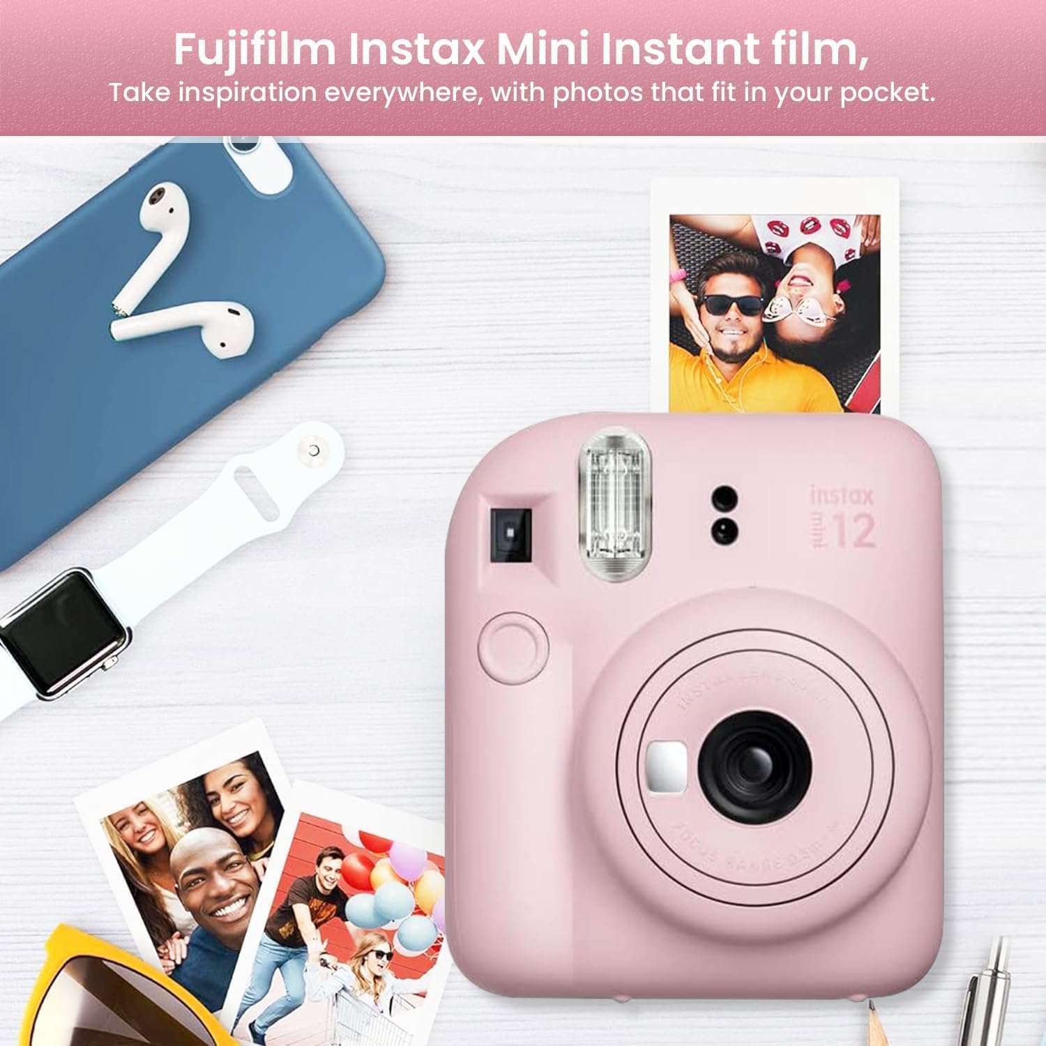Appareil photo Fujifilm Instant Mini 12 + ensemble d'accessoires et étui personnalisé compatible + mini album photo Fuji Instant (20 photos) (60 pochettes) (rose fleuri) – Image 7