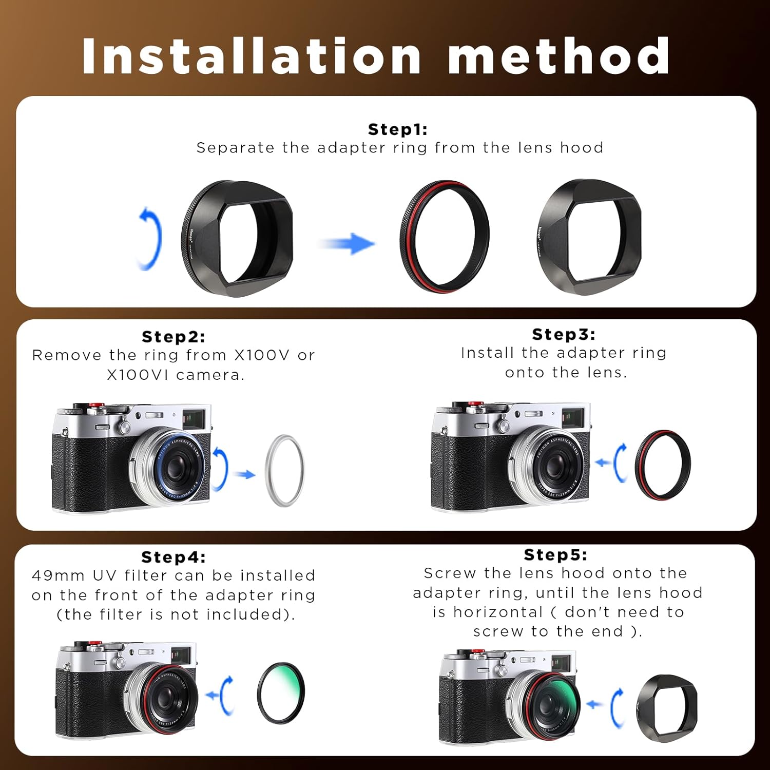 Haoge Pare-soleil carré en métal avec anneau adaptateur de filtre UV 49 mm pour appareil photo Fujifilm X100VI Fuji X100V X100F X100T X100S X70 Noir LH-XVI100B – Image 8