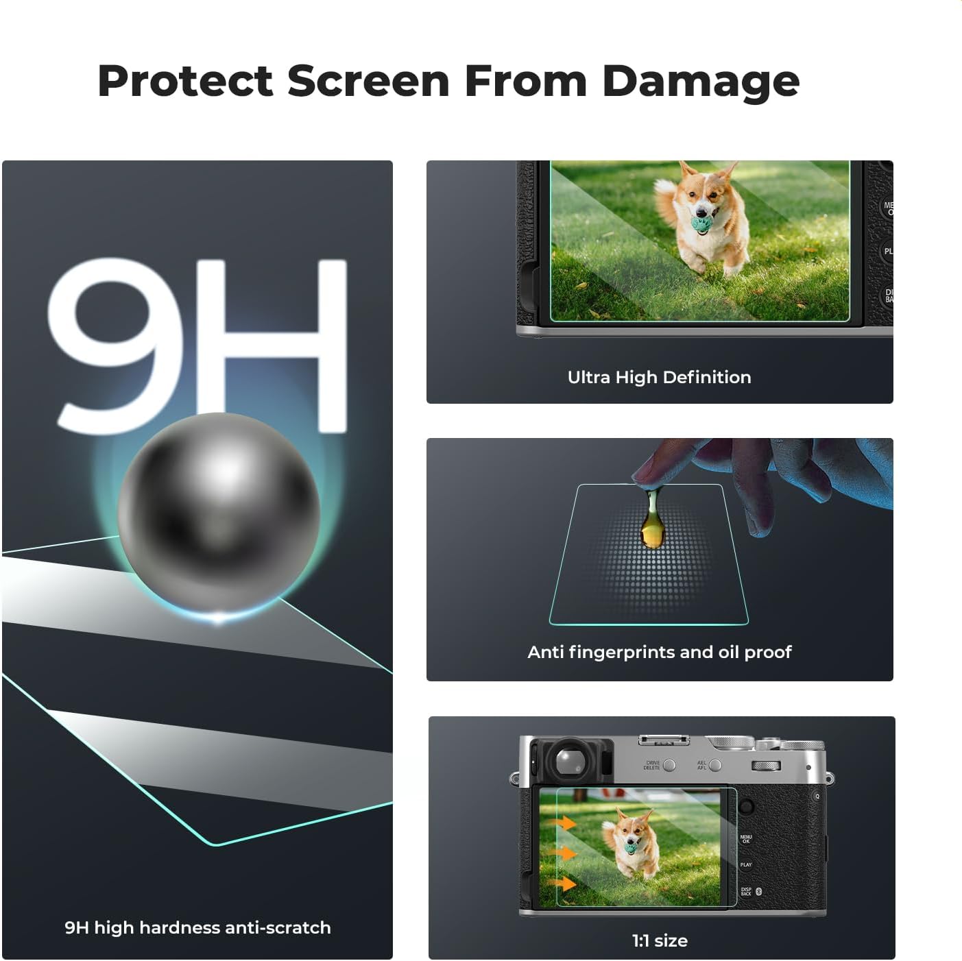 K&F CONCEPT Lot de 3 films de protection d'écran pour appareil photo Fujifilm X100VI X-E4 X100V, 0,3 mm, dureté 9H, en verre trempé, anti-rayures, sans bulles et cache-griffe – Image 3
