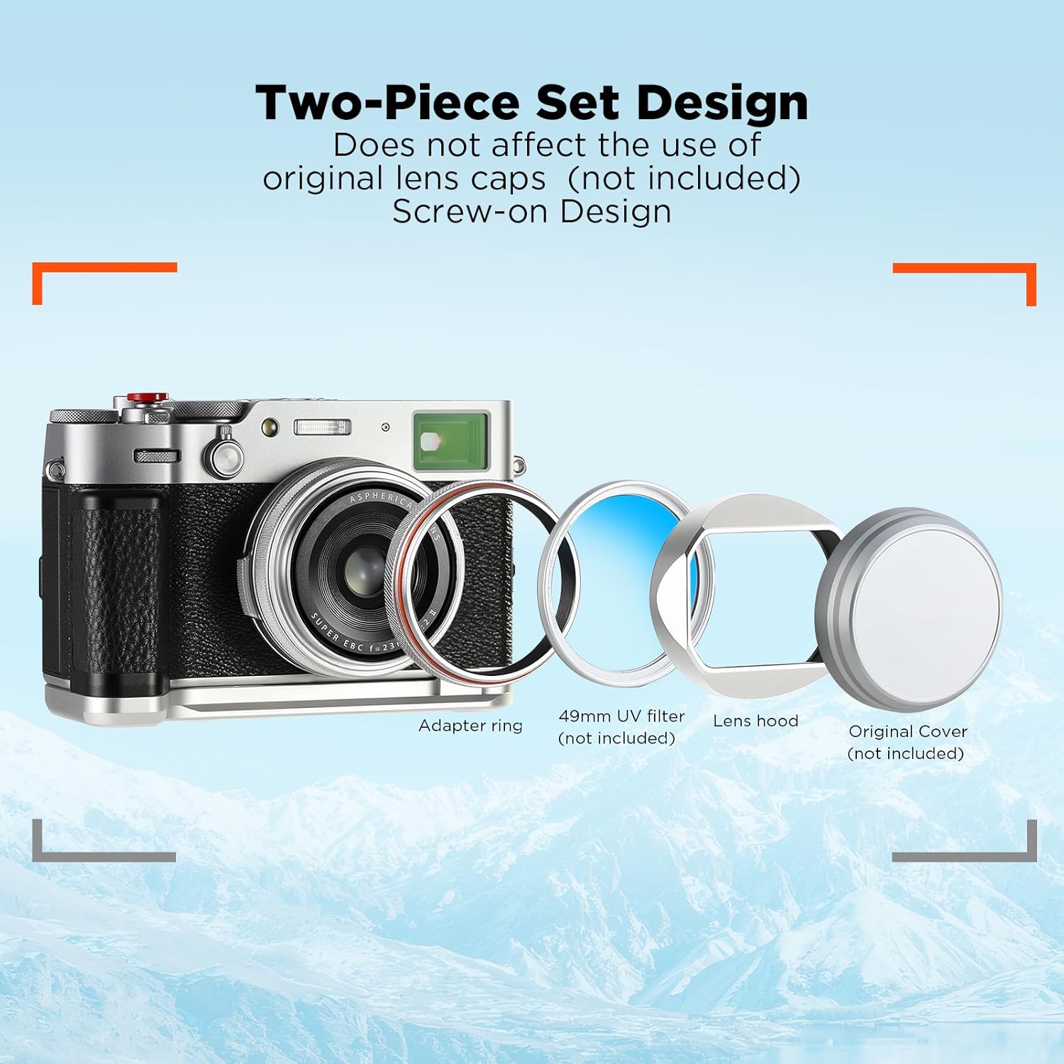 Haoge Pare-soleil carré en métal pour Fuji X100VI Fujifilm FinePix X100V X100F X100 X100S X100T X70 Accessoires d'appareil photo Argent avec capuchon et kit de bague d'adaptation 49 mm – Image 4