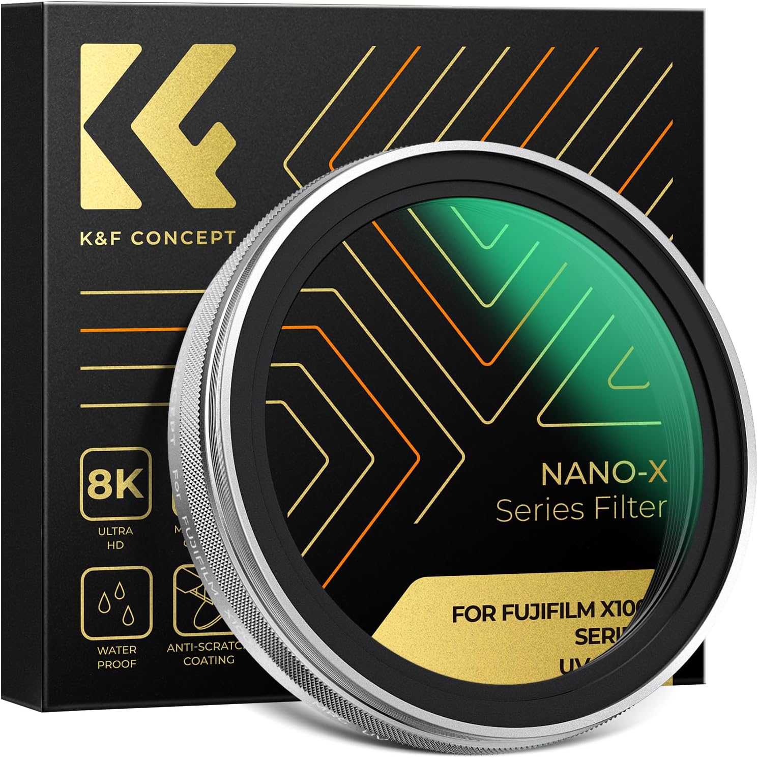 K&F CONCEPT Filtre d'objectif de caméra de protection MCUV (cadre argenté) compatible avec les accessoires de la série Fujifilm X100 - X100/X100F/X100S/X100T/X100V/X100VI, 28 filtres UV HD étanches multi-revêtements
