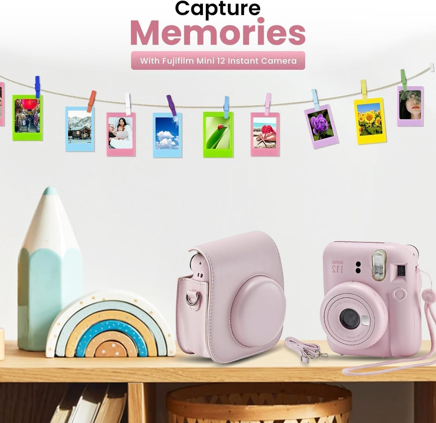 Appareil photo Fujifilm Instant Mini 12 + ensemble d'accessoires et étui personnalisé compatible + mini album photo Fuji Instant (20 photos) (60 pochettes) (rose fleuri) – Image 2