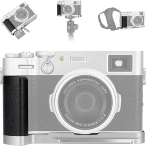 JJC Support de poignée en L en métal dédié, support antidérapant pour appareil photo Fujifilm Fuji X100V X100F, conception de plaque de trépied à dégagement rapide de type Arca Swiss avec ouverture du compartiment de la batterie (ne convient pas au X100VI) Argent