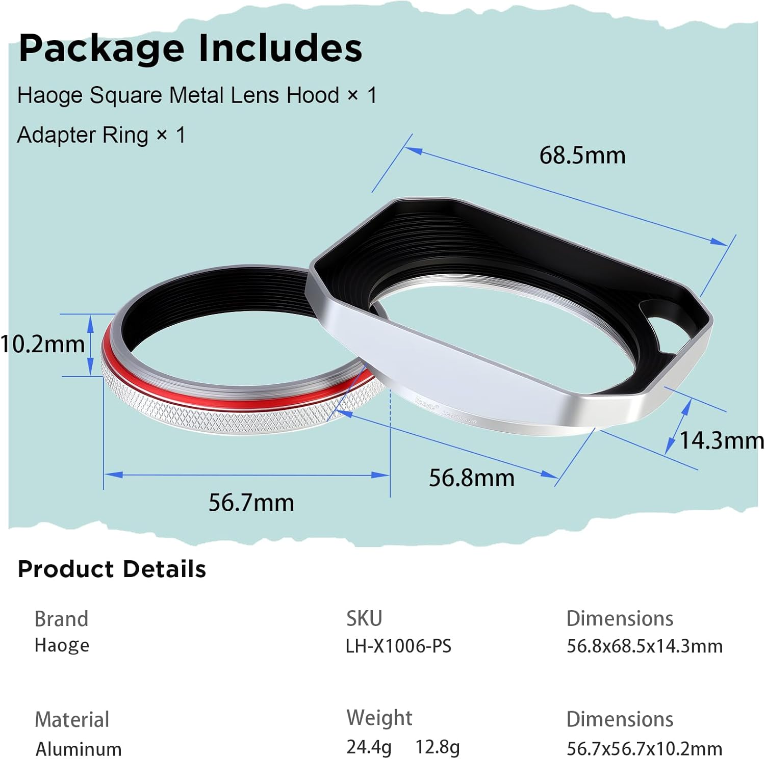 Haoge Pare-soleil carré en métal pour Fujifilm X100VI X100V X100F X100T X100S X70 Accessoires pour appareil photo Fuji Argent avec anneau adaptateur de filtre UV 49 mm creux conçu LH-X1006-PS – Image 6