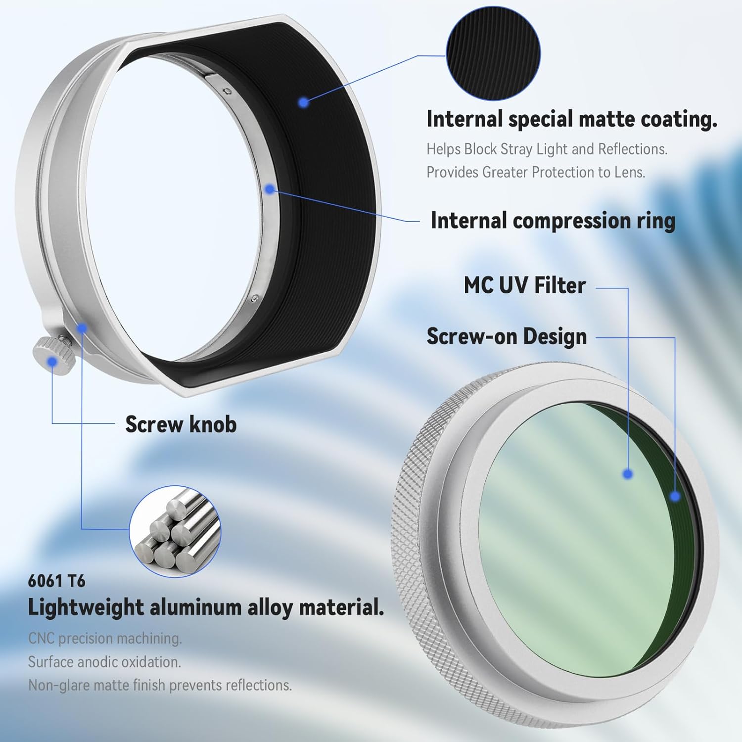 Haoge MC Filtre de protection UV et objectif de pare-soleil carré en métal pour Fujifilm X100 Series X100VI X100V X100F X100T Accessoires d'appareil photo Filtre UV en verre optique HD étanche – Image 8