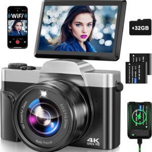 Appareil photo numérique 4K pour la photographie avec WiFi, dernière caméra de vlogging à mise au point automatique 2025 pour vidéo YouTube, caméras de voyage à écran rabattable de 3 pouces à 180°, zoom 16X, anti-secousses, caméras 4K avec carte SD, 2 piles