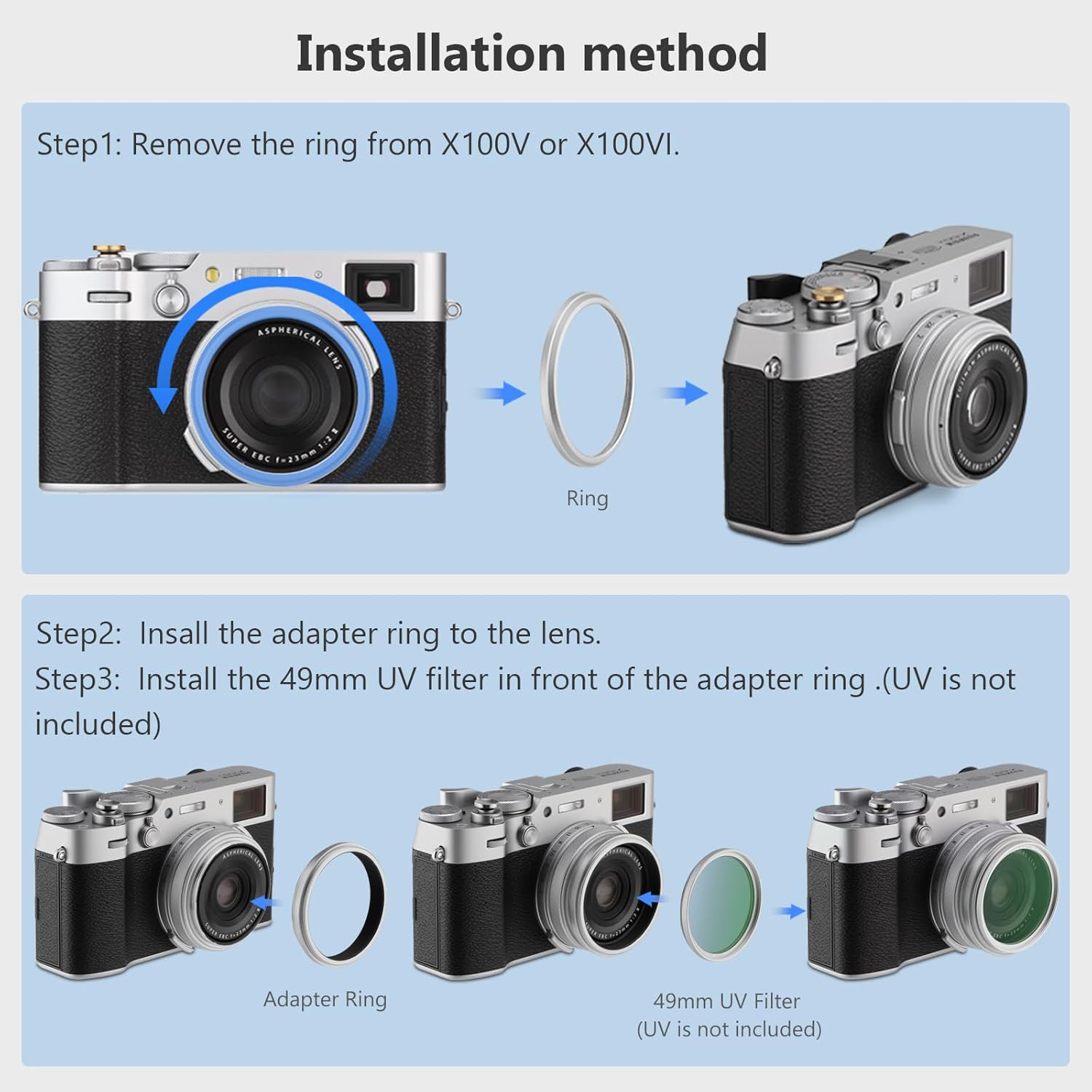 Haoge Bague d'adaptation de Filtre d'objectif pour Appareil Photo Fujifilm X100VI Fuji FinePix X100V pour Capuchon d'objectif de Filtre UV CPL ND 49 mm Remplacer Fujifilm AR-X100 Argent – Image 8