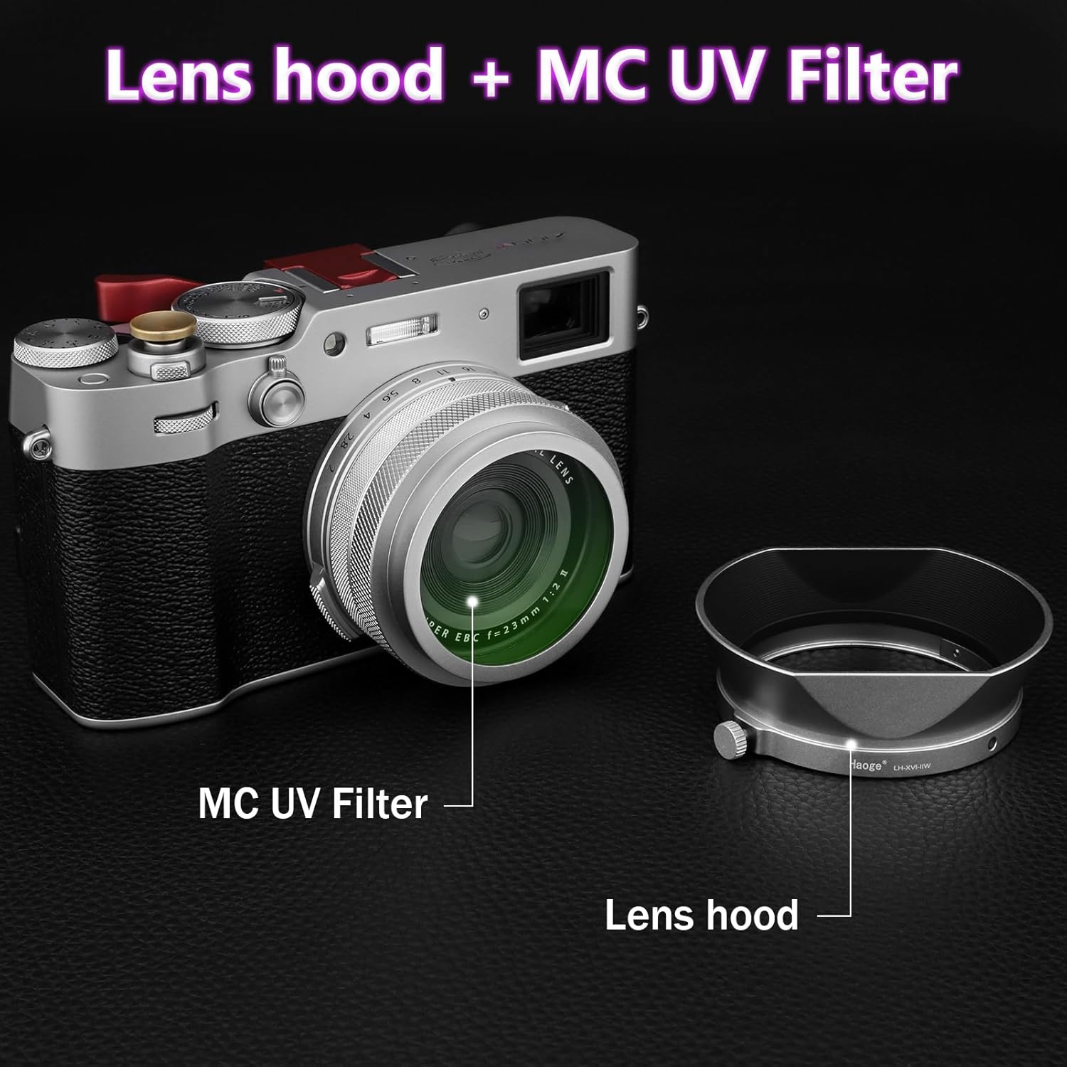 Haoge MC Filtre de protection UV et objectif de pare-soleil carré en métal pour Fujifilm X100 Series X100VI X100V X100F X100T Accessoires d'appareil photo Filtre UV en verre optique HD étanche – Image 2