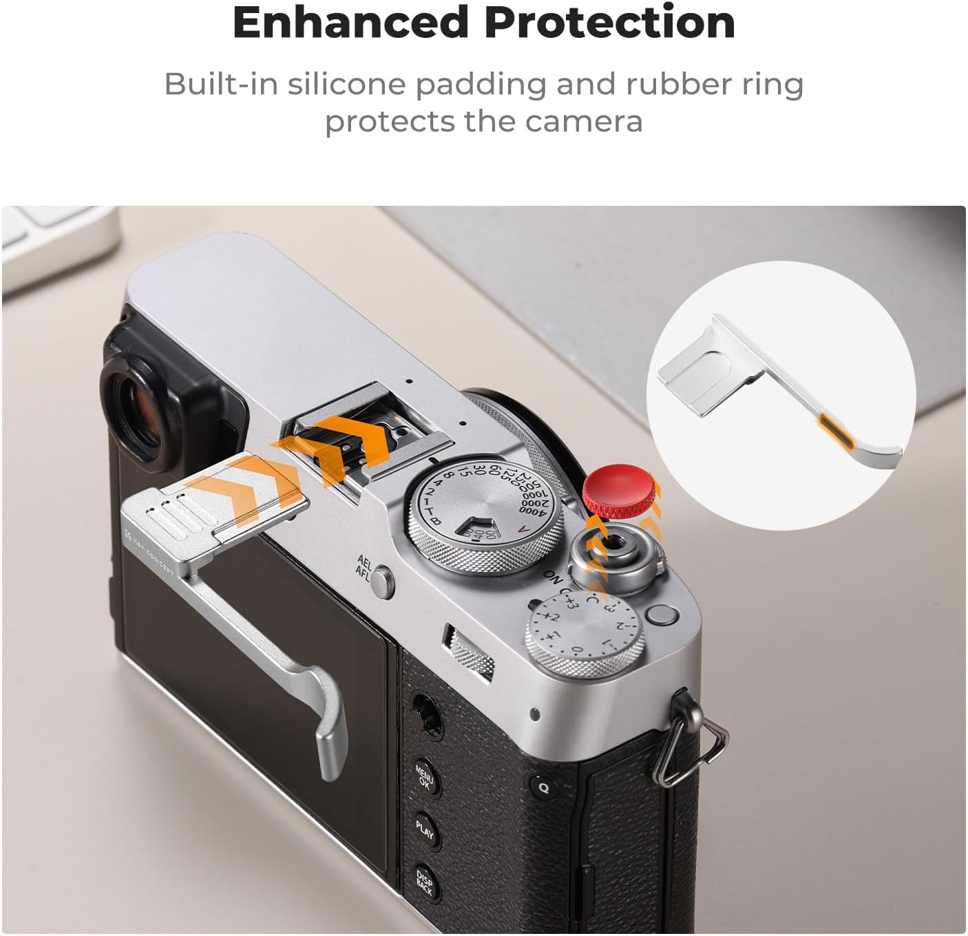 K&F CONCEPT Poignée de pouce pour appareil photo avec bouton d'obturation rouge compatible avec FUJIFILM X100VI X100V Argenté – Image 5