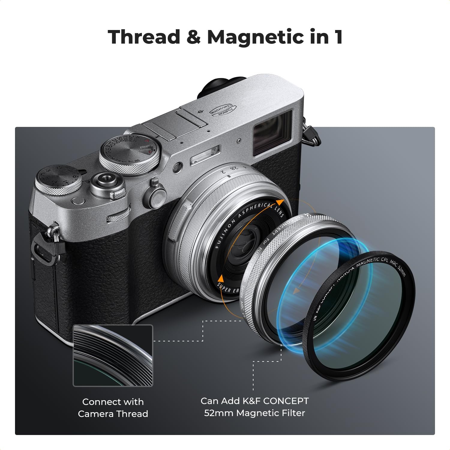 K&F CONCEPT Filtre d'objectif de caméra de protection MCUV (cadre argenté) compatible avec les accessoires de la série Fujifilm X100 - X100/X100F/X100S/X100T/X100V/X100VI, 28 filtres UV HD étanches multi-revêtements – Image 4