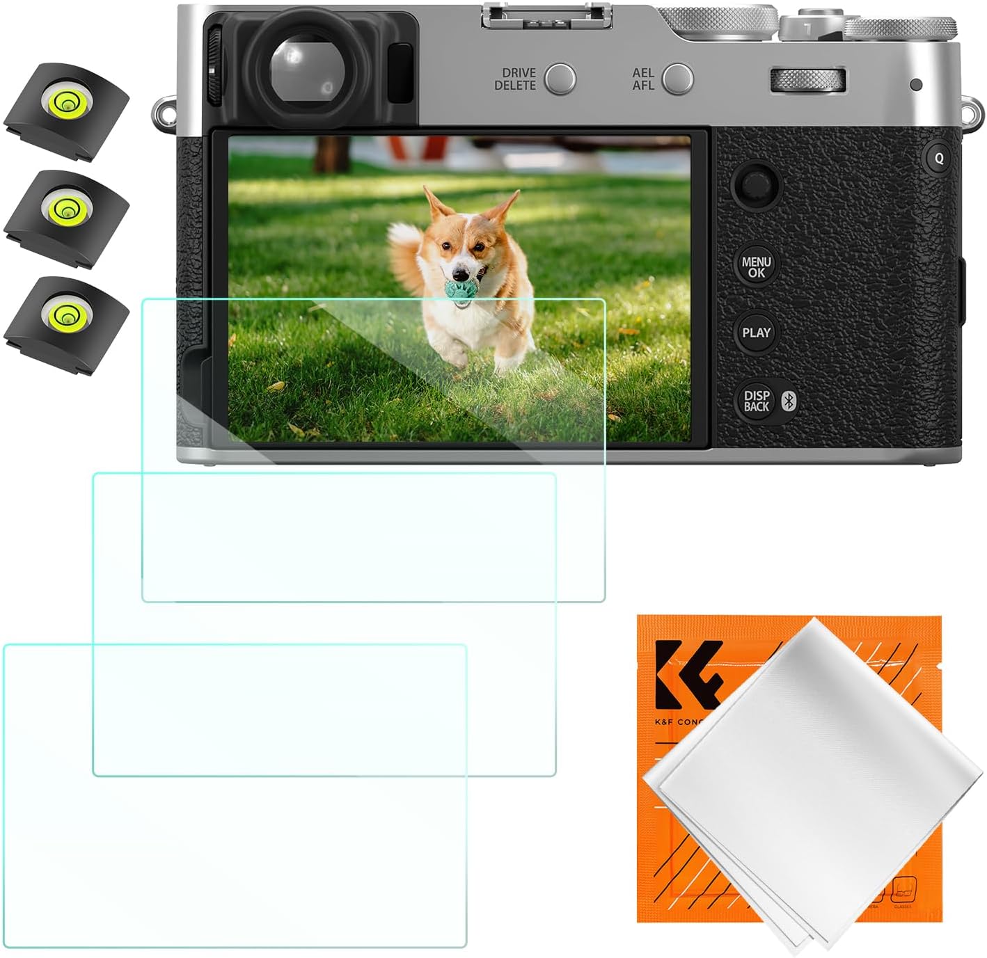 K&F CONCEPT Lot de 3 films de protection d'écran pour appareil photo Fujifilm X100VI X-E4 X100V, 0,3 mm, dureté 9H, en verre trempé, anti-rayures, sans bulles et cache-griffe