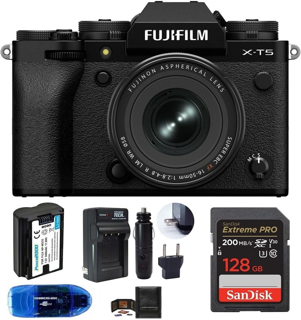 Appareil photo numérique sans miroir Fujifilm X-T5 avec objectif XF 16-50 mm f/2.8-4 R LM OIS (noir), comprend : carte mémoire SanDisk Extreme PRO SDXC 128 Go, batterie de rechange et plus encore