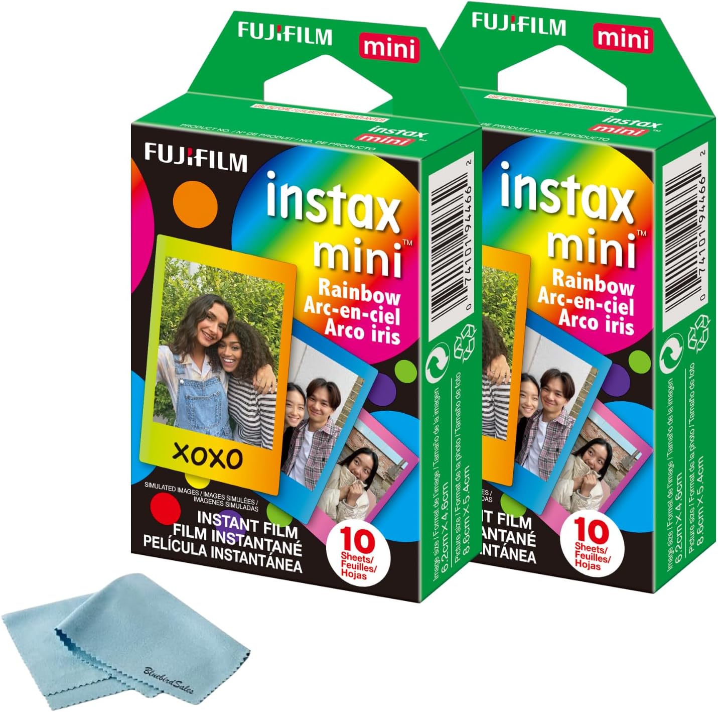 Fujifilm Instax Mini Film arc-en-ciel instantané, 20 feuilles + chiffon de nettoyage en microfibre BluebirdSales