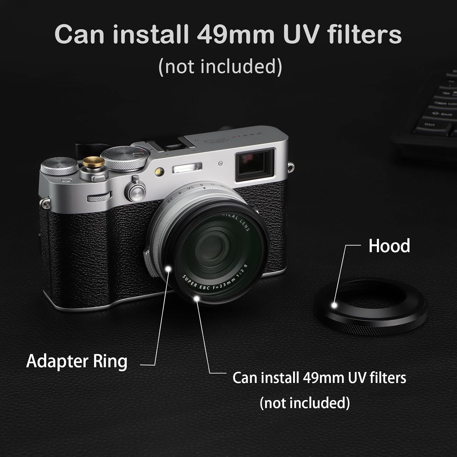 Haoge LH-X51B Pare-soleil ultra fin 2 en 1 entièrement en métal avec jeu de bagues d'adaptation pour accessoires d'appareil photo Fujifilm X100VI FinePix X100V Noir – Image 7