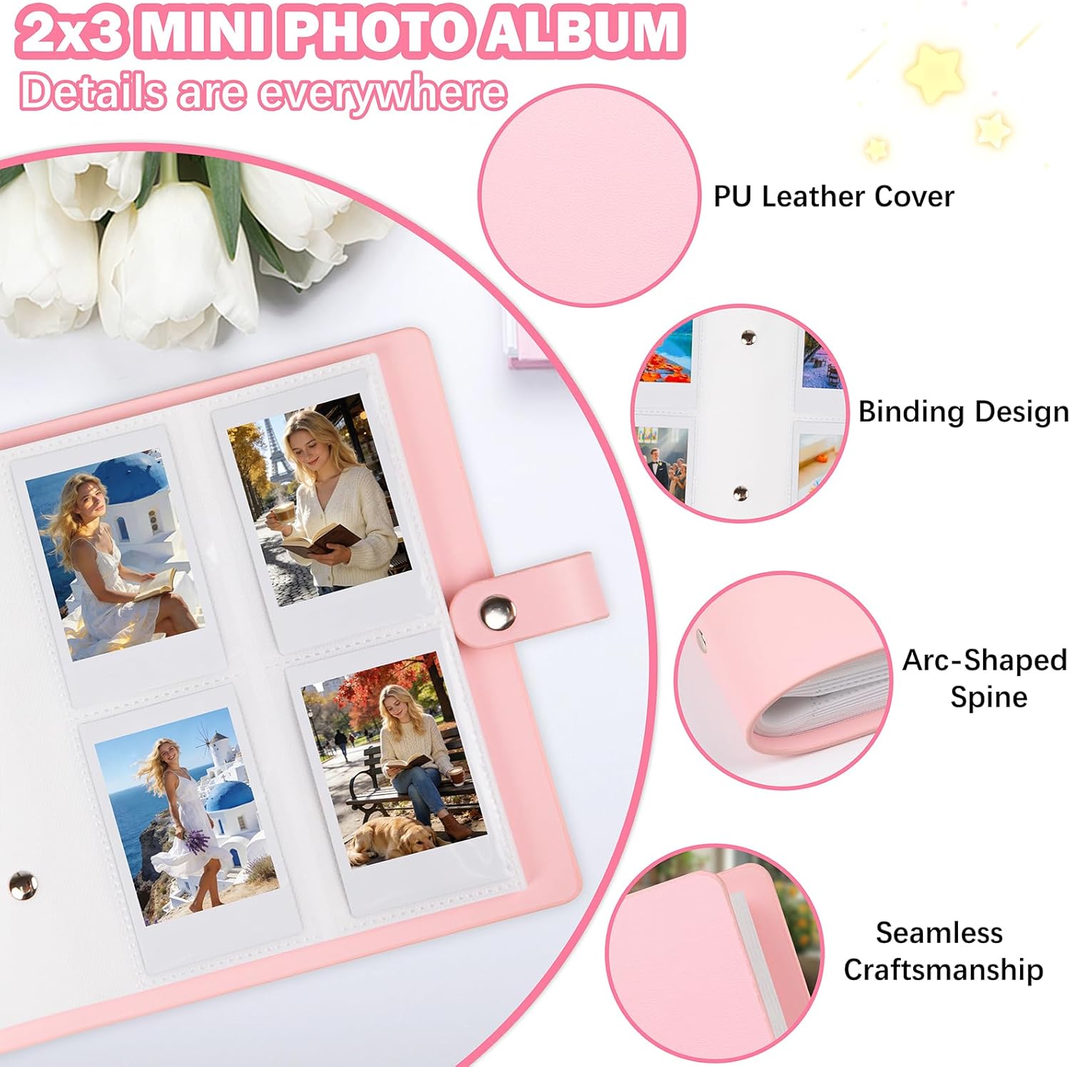 Album photo 320 pochettes pour appareil photo instantané Fujifilm Instax Mini LiPlay 12 11 9 8 40 41 99 Evo 7S, livre photo avec couverture en cuir PU pour photos Polaroid 2x3 (rose) – Image 3