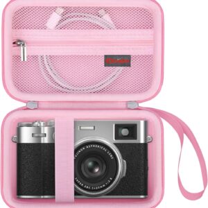 Elonbo Étui de transport pour appareil photo numérique Fujifilm X100VI/X100V, sac de voyage rigide pour appareil photo Fujifilm X-100VI/X-100V, poche supplémentaire en maille pour câbles de charge, batterie, rose