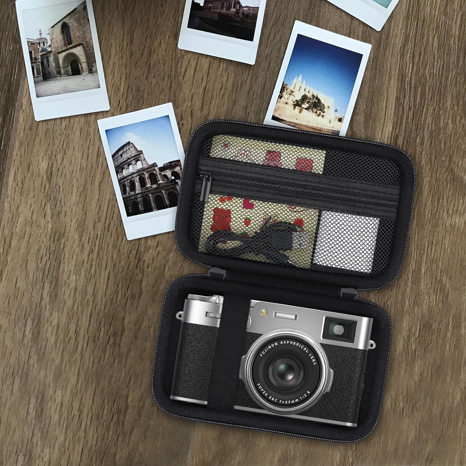 RAIALL Étui de transport pour appareil photo numérique Fujifilm X100VI/X100V/X-E5, étui de transport rigide pour appareil photo Vlogging, sac de voyage de protection, poche en filet pour batterie, carte SD et câble USB, noir – Image 7