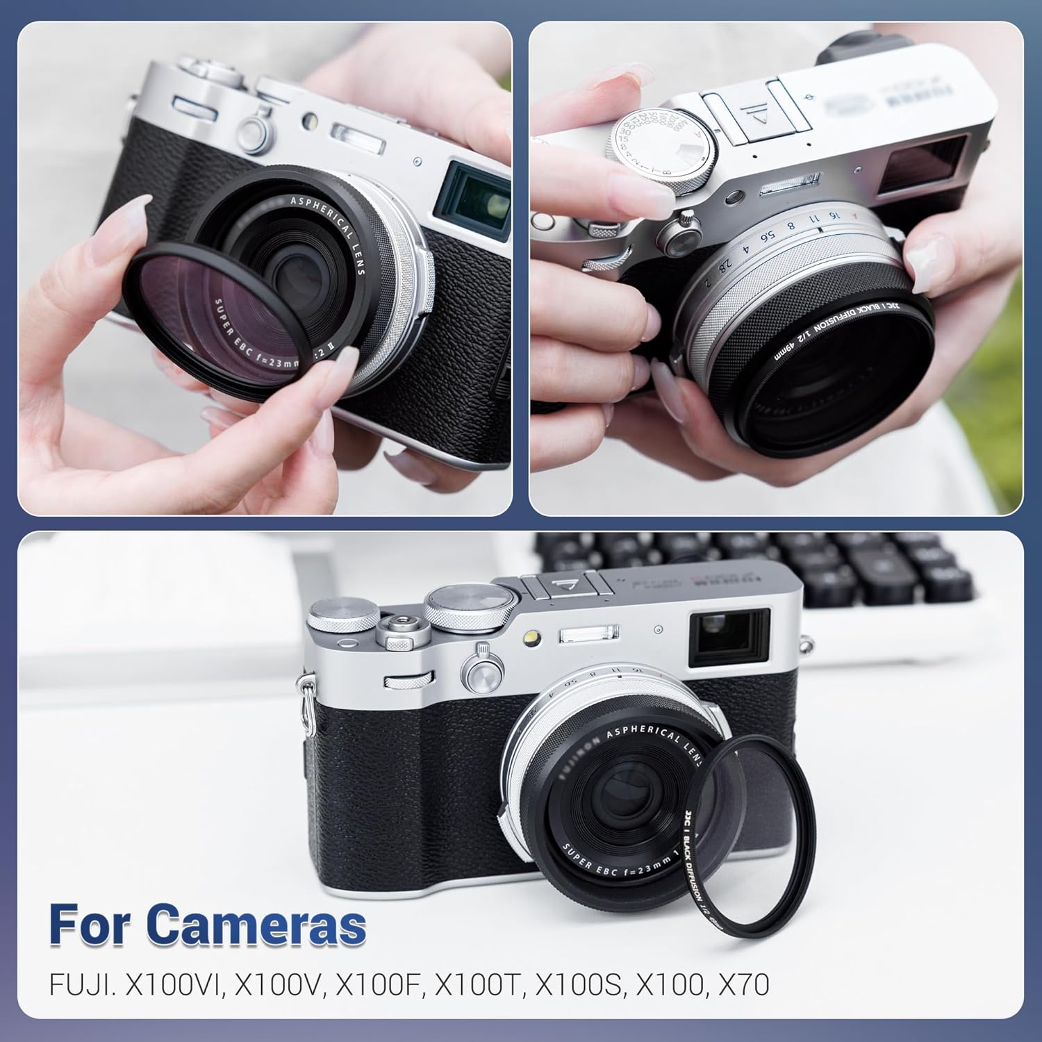 JJC AR-X100 Bague d'adaptation de filtre d'objectif en métal pour appareil photo Fuji Fujifilm X100VI X100V X100F X100T X100S X100 Fixation de filtre UV ND CPL 49 mm et capuchon d'objectif Fuji FLCP-49, remplace la bague d'adaptation Fuji AR-X100, Noir – Image 2