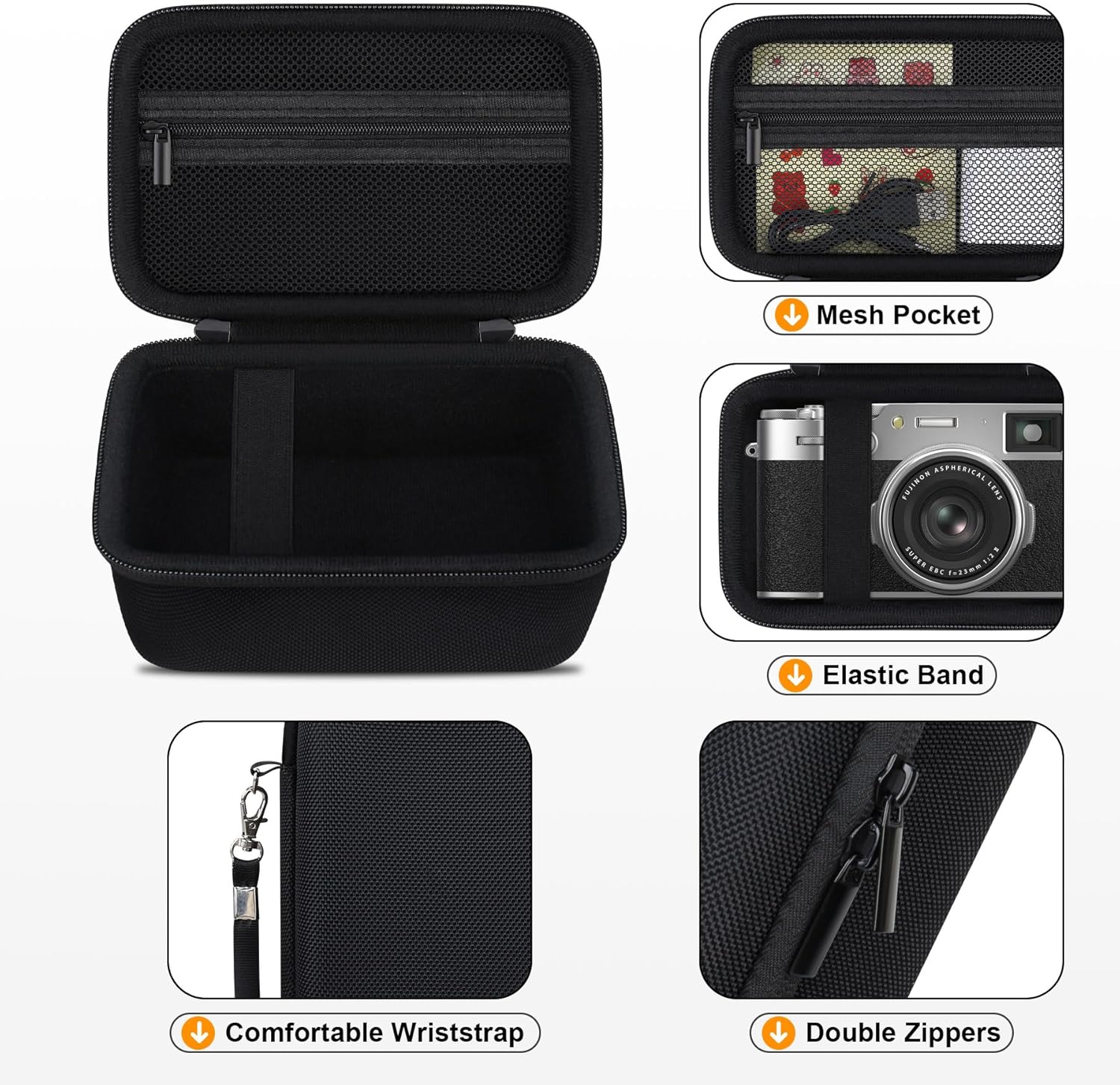 RAIALL Étui de transport pour appareil photo numérique Fujifilm X100VI/X100V/X-E5, étui de transport rigide pour appareil photo Vlogging, sac de voyage de protection, poche en filet pour batterie, carte SD et câble USB, noir – Image 4