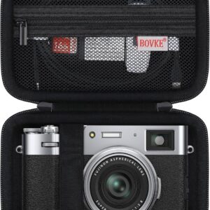 BOVKE Étui de transport pour appareil photo numérique Fujifilm X100VI/X100V/X-E5, poche supplémentaire en maille pour accessoires d'appareil photo Fuji, câbles de chargement, noir