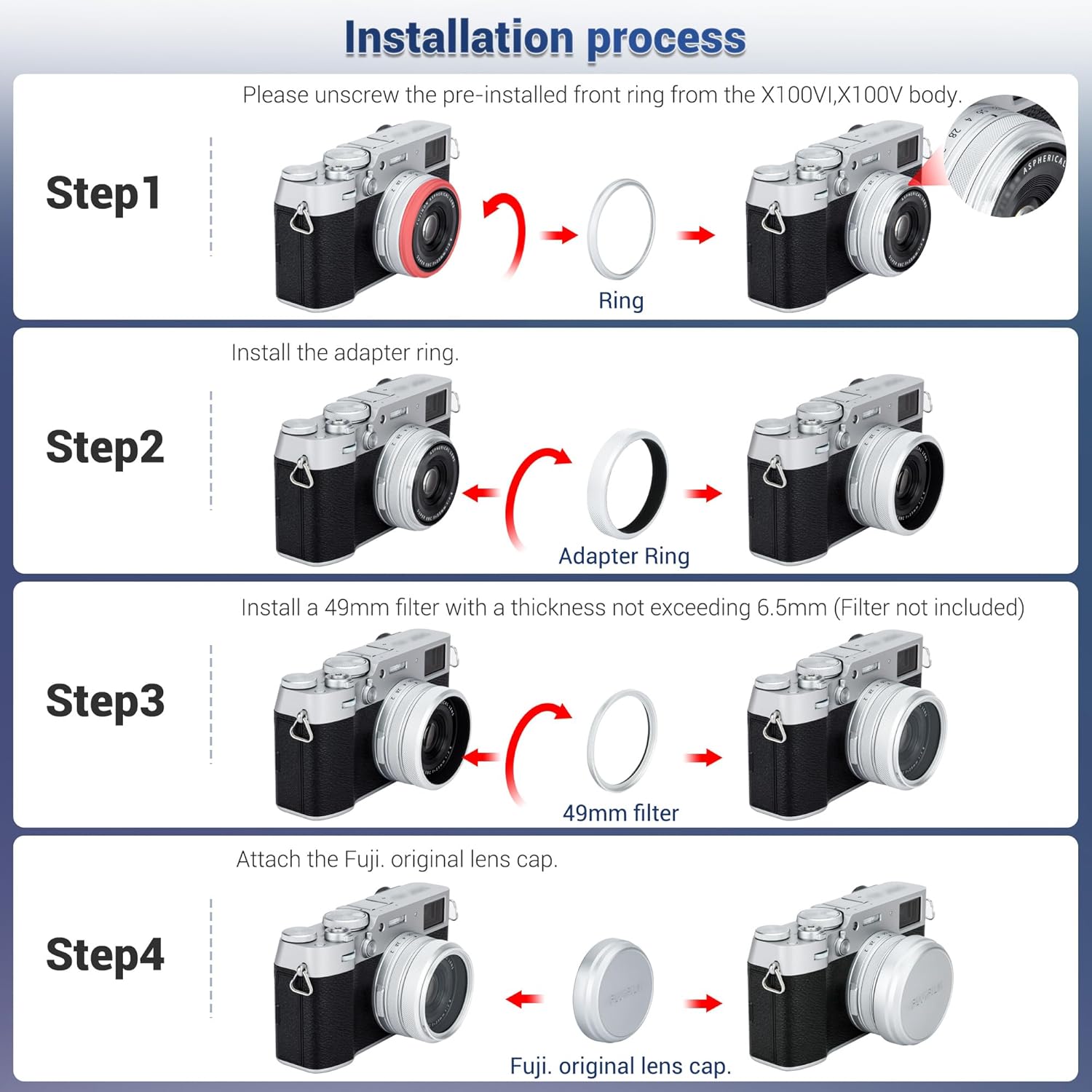 JJC AR-X100 Bague d'adaptation de filtre d'objectif en métal pour appareil photo Fuji Fujifilm X100VI X100V X100F X100T X100S X100 Fixation de filtre UV ND CPL 49 mm et capuchon d'objectif Fuji FLCP-49, remplace la bague d'adaptation Fuji AR-X100, Noir – Image 4