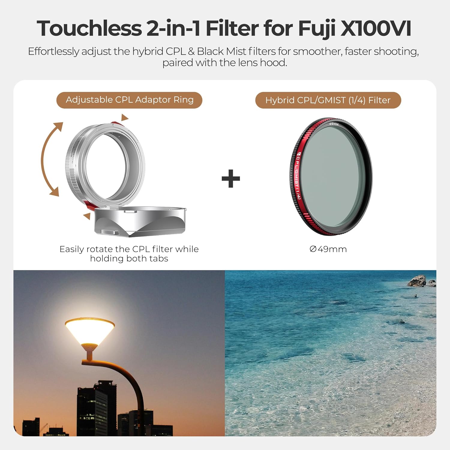 Freewell The Real Lens Hood – Filtre hybride CPL/Mist, rabattable, fonctionnement du filtre sans contact pour Fuji X100VI, X100V, X100 Series (Argent) – Image 2