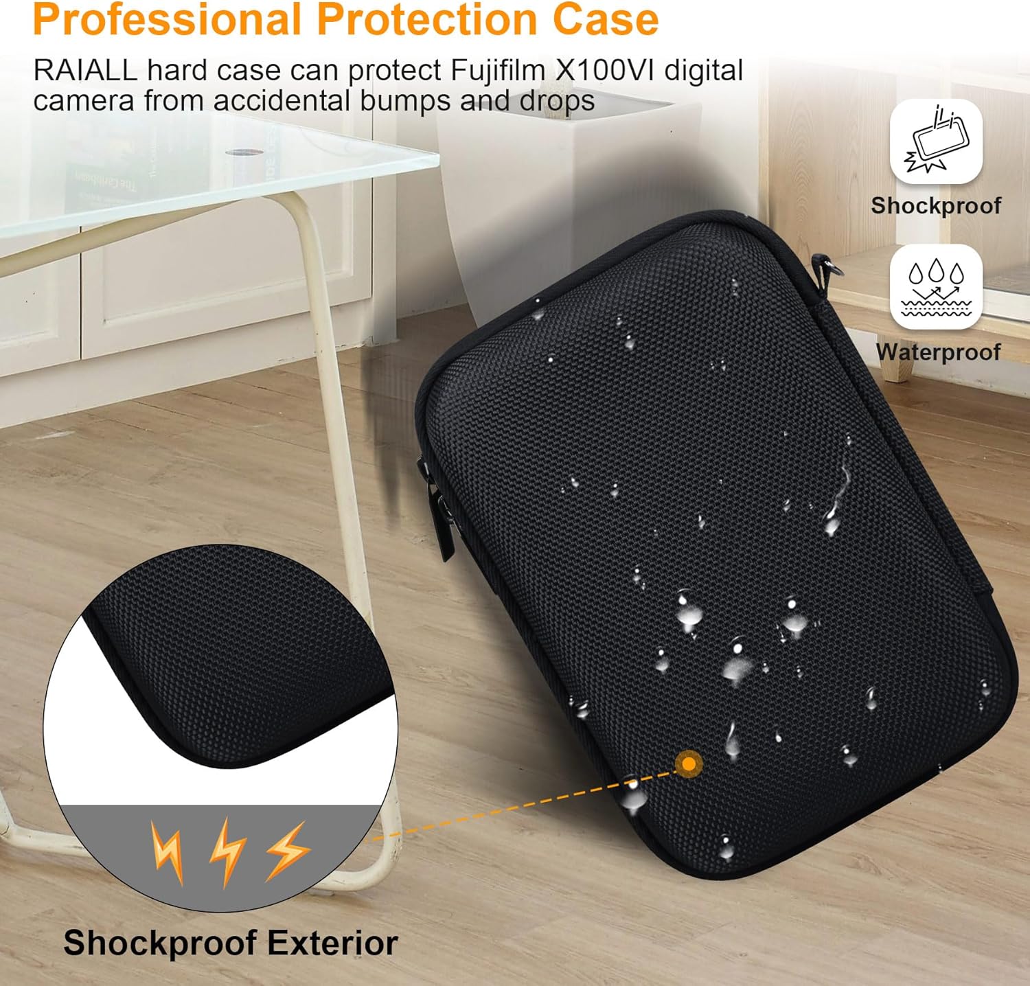 RAIALL Étui de transport pour appareil photo numérique Fujifilm X100VI/X100V/X-E5, étui de transport rigide pour appareil photo Vlogging, sac de voyage de protection, poche en filet pour batterie, carte SD et câble USB, noir – Image 5