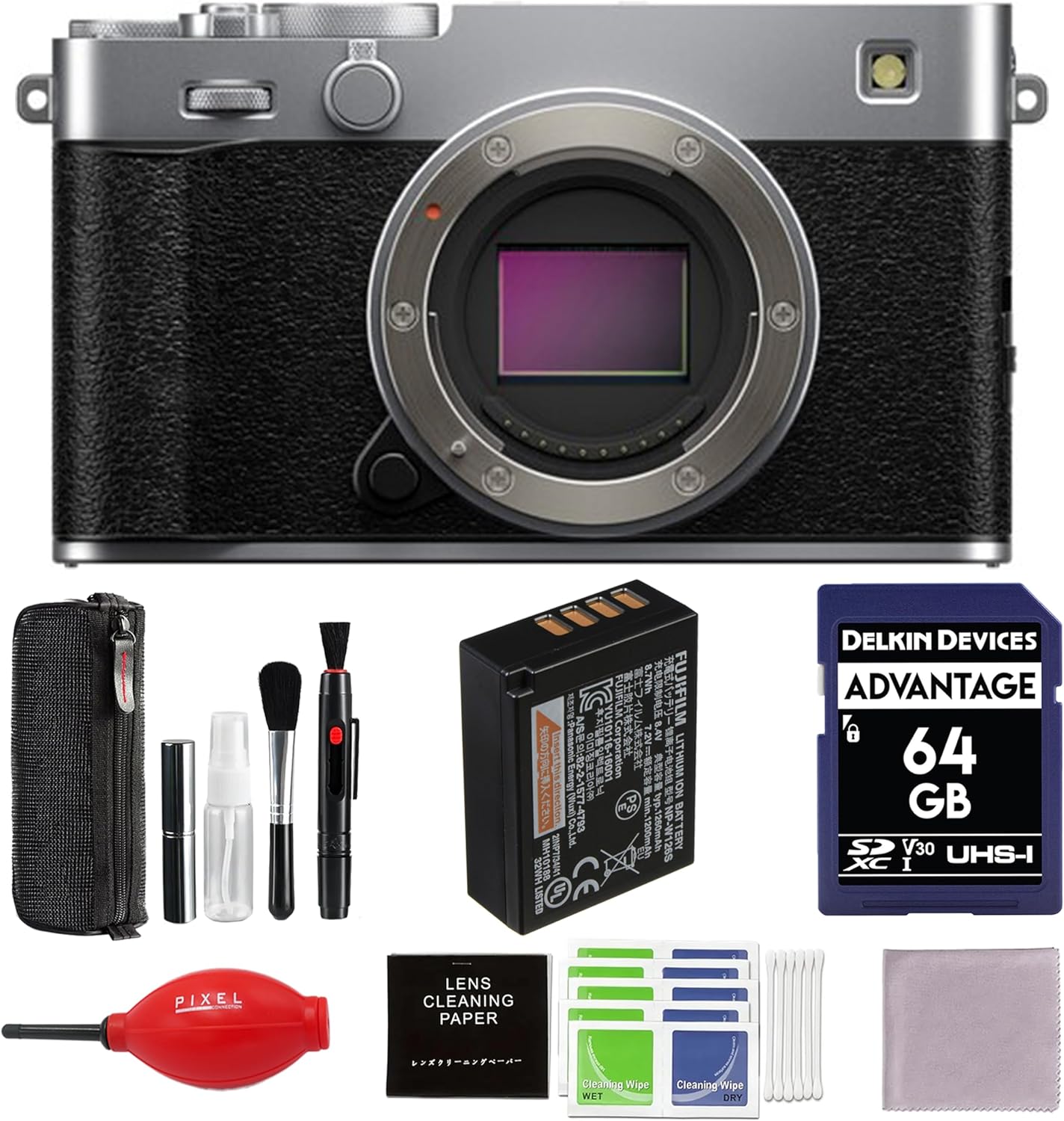 Ensemble appareil photo sans miroir FUJIFILM X-E5 (argent) avec carte SD de 64 Go et autres accessoires supplémentaires