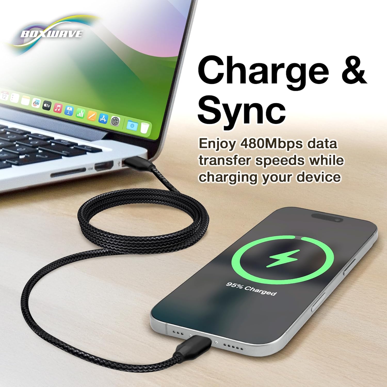 Câble BoxWave compatible avec Fujifilm X100VI - Câble DirectSync PD (3 pieds) - USB-C vers USB-C (100 W), charge tressée de type C et synchronisation rapide - Noir de jais – Image 5