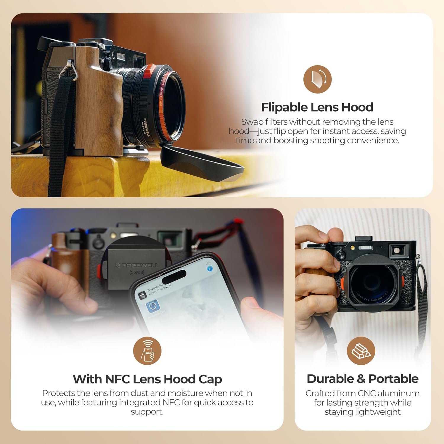 Freewell The Real Lens Hood – Filtre hybride CPL/Mist, rabattable, fonctionnement du filtre sans contact pour Fuji X100VI, X100V, X100 Series (Argent) – Image 4