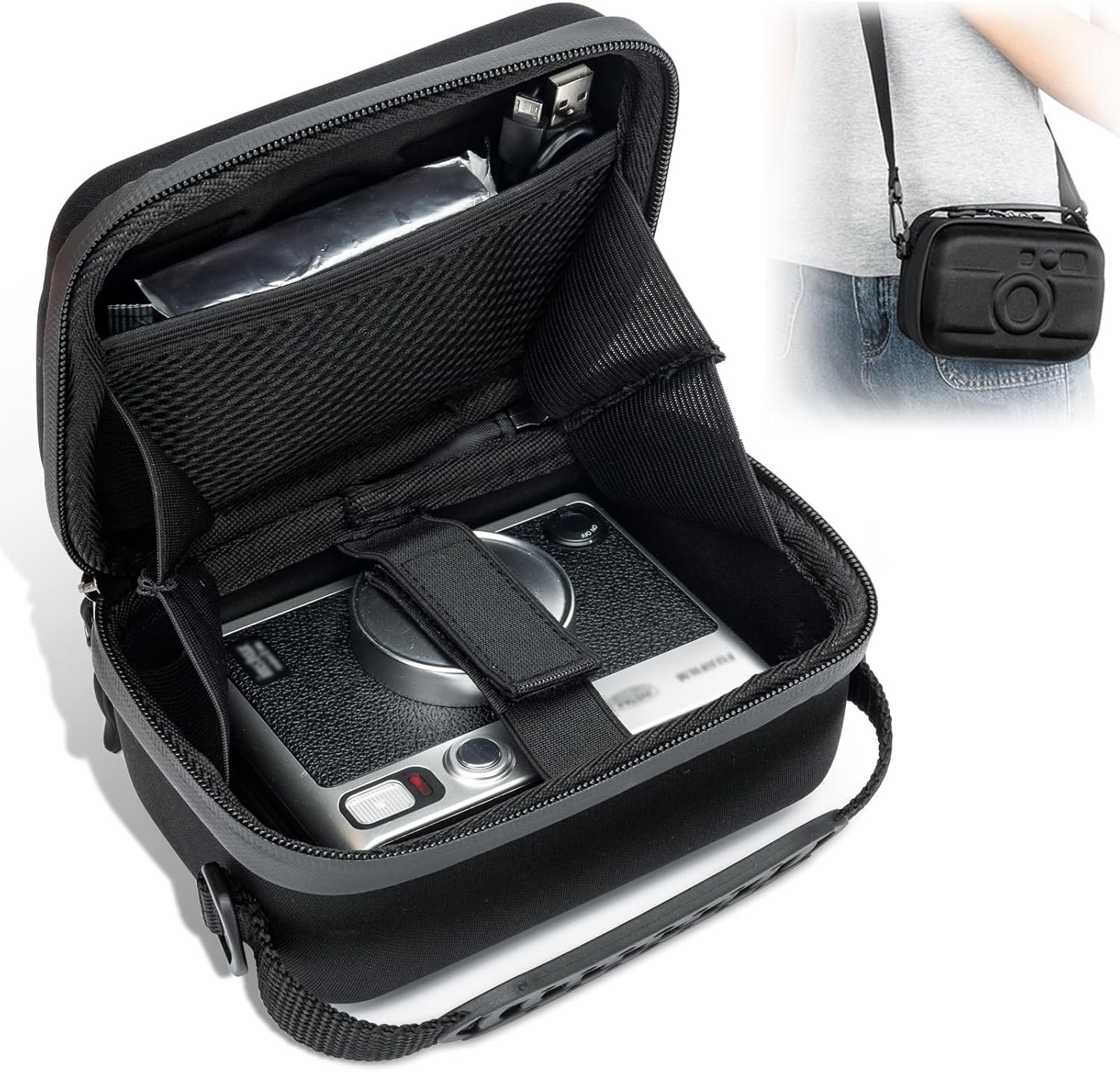 JJC Étui de transport de protection pour Insta Mini EVO Mini Liplay, pochette de voyage pour appareil photo compact pour Fujifilm Fuji Insta Liplay EVO X100VI X100V X100F, sac de rangement rigide pour appareil photo avec poignée bandoulière