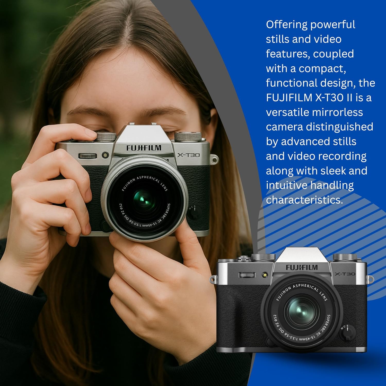 Appareil photo sans miroir SSE FUJIFILM X-T30 II avec objectif XC 15-45 mm OIS PZ argent, sac/étui pour gadget moyen, souffleur, lecteur de carte SD, chiffon de nettoyage, kit de démarrage (lot). – Image 3