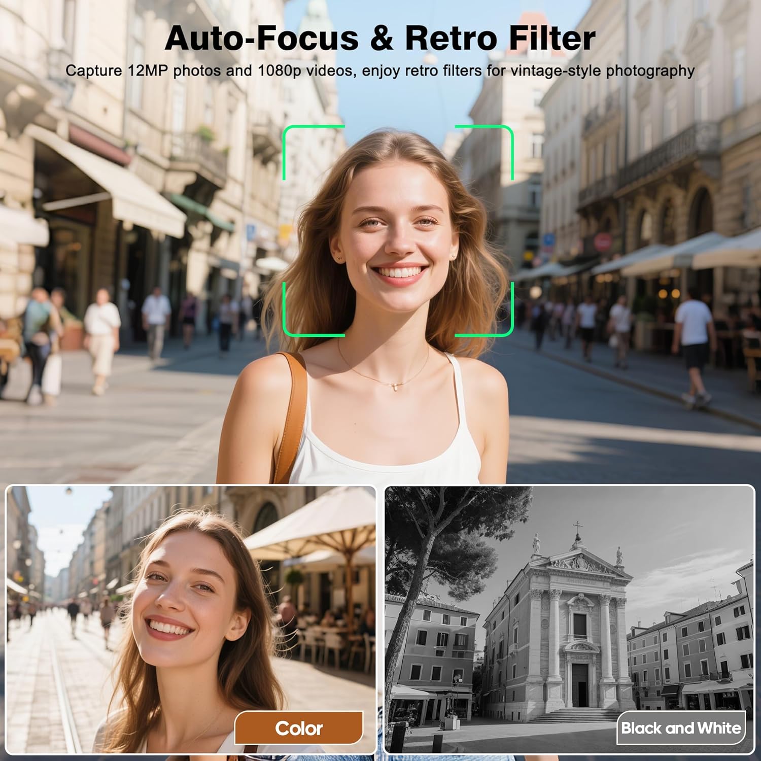 CHUZHAO Mini appareil photo numérique vintage, portable, style TLR rétro, compact, petite poche, vidéo FHD 1080p, 12 MP, mise au point automatique, caméra Vlogging avec carte 16 Go pour débutants, adolescents, adultes, noir – Image 4