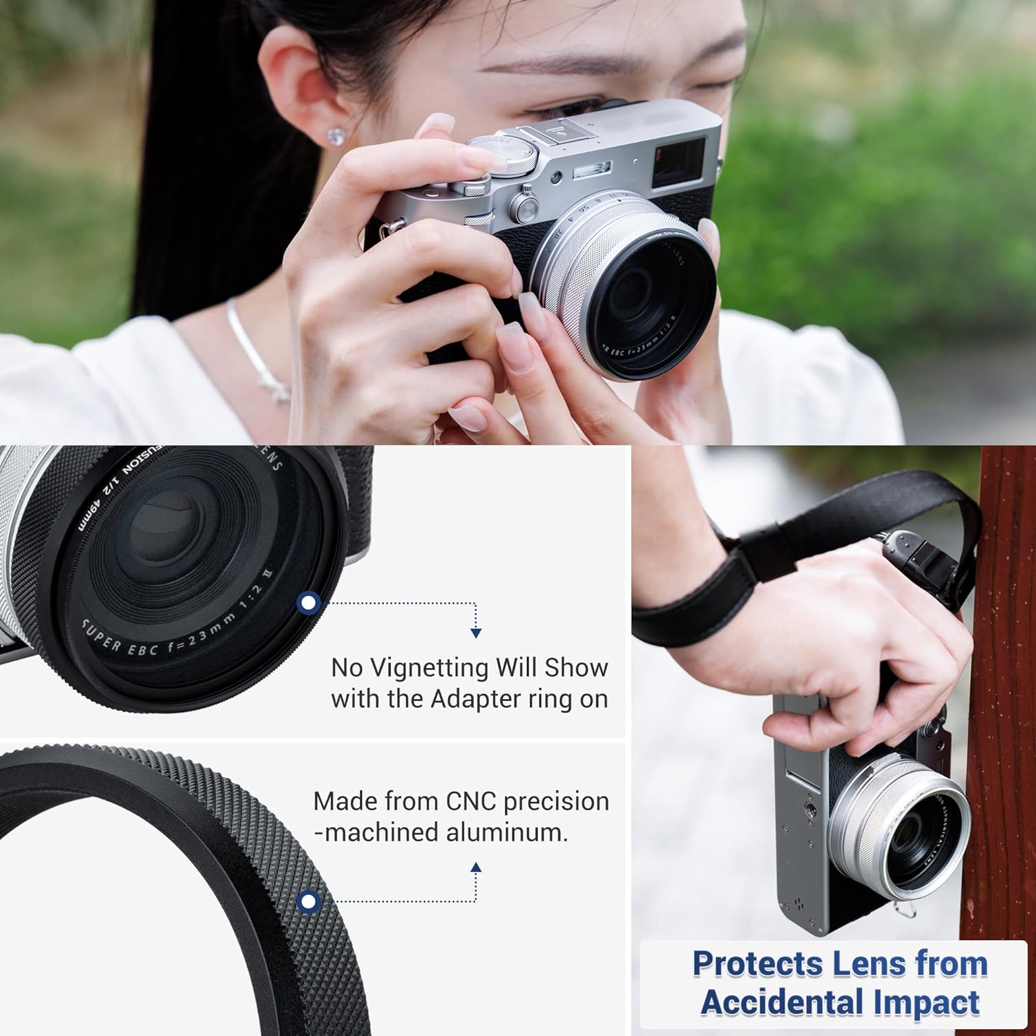 JJC AR-X100 Bague d'adaptation de filtre d'objectif en métal pour appareil photo Fuji Fujifilm X100VI X100V X100F X100T X100S X100 Fixation de filtre UV ND CPL 49 mm et capuchon d'objectif Fuji FLCP-49, remplace la bague d'adaptation Fuji AR-X100, Noir – Image 5
