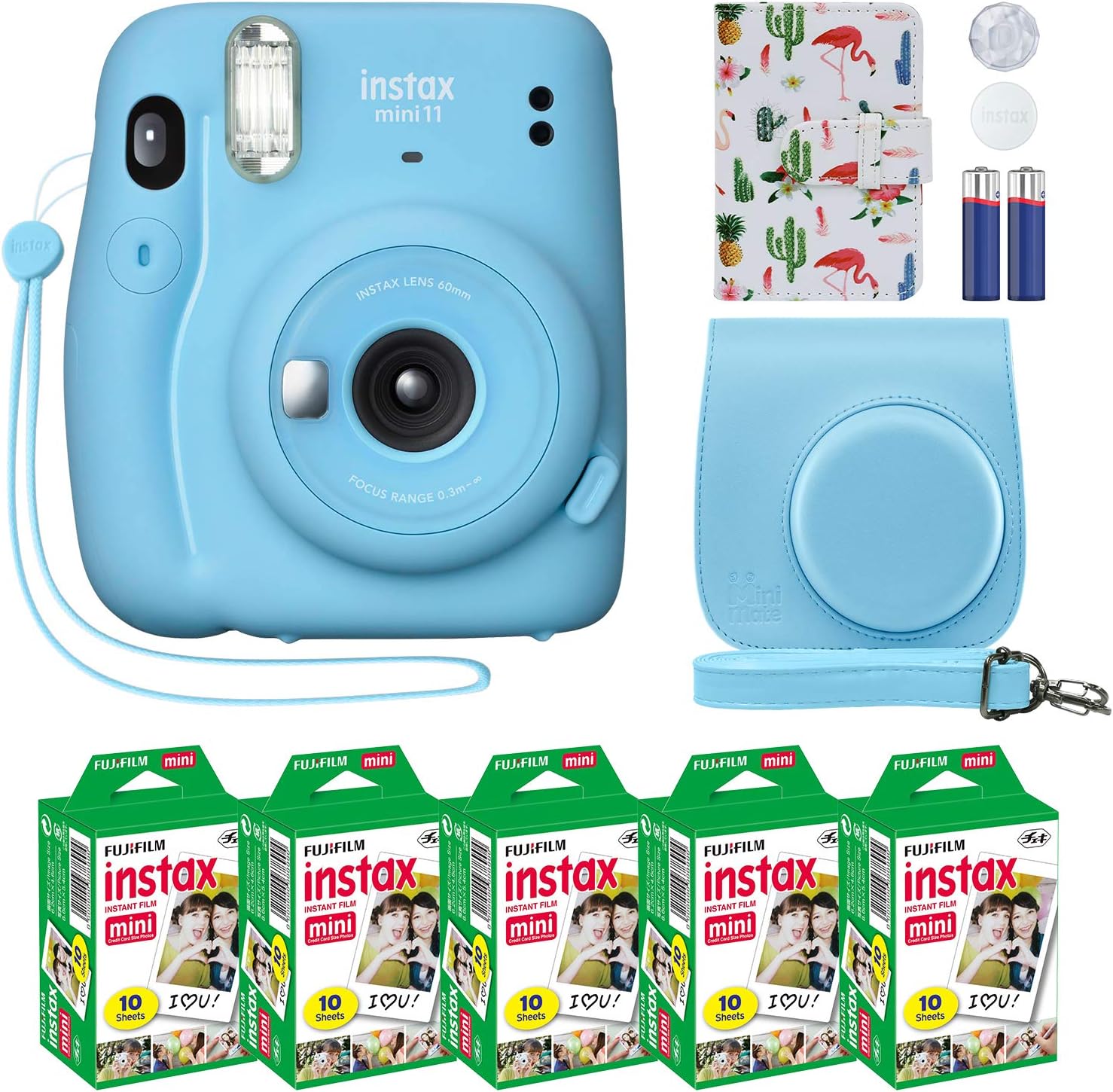 Fujifilm Instax Mini 11 Appareil Photo Instantané Bleu Ciel + Étui Personnalisé Fuji Film Value Pack (50 Feuilles) Album Photo Flamingo Designer pour Photos Instax