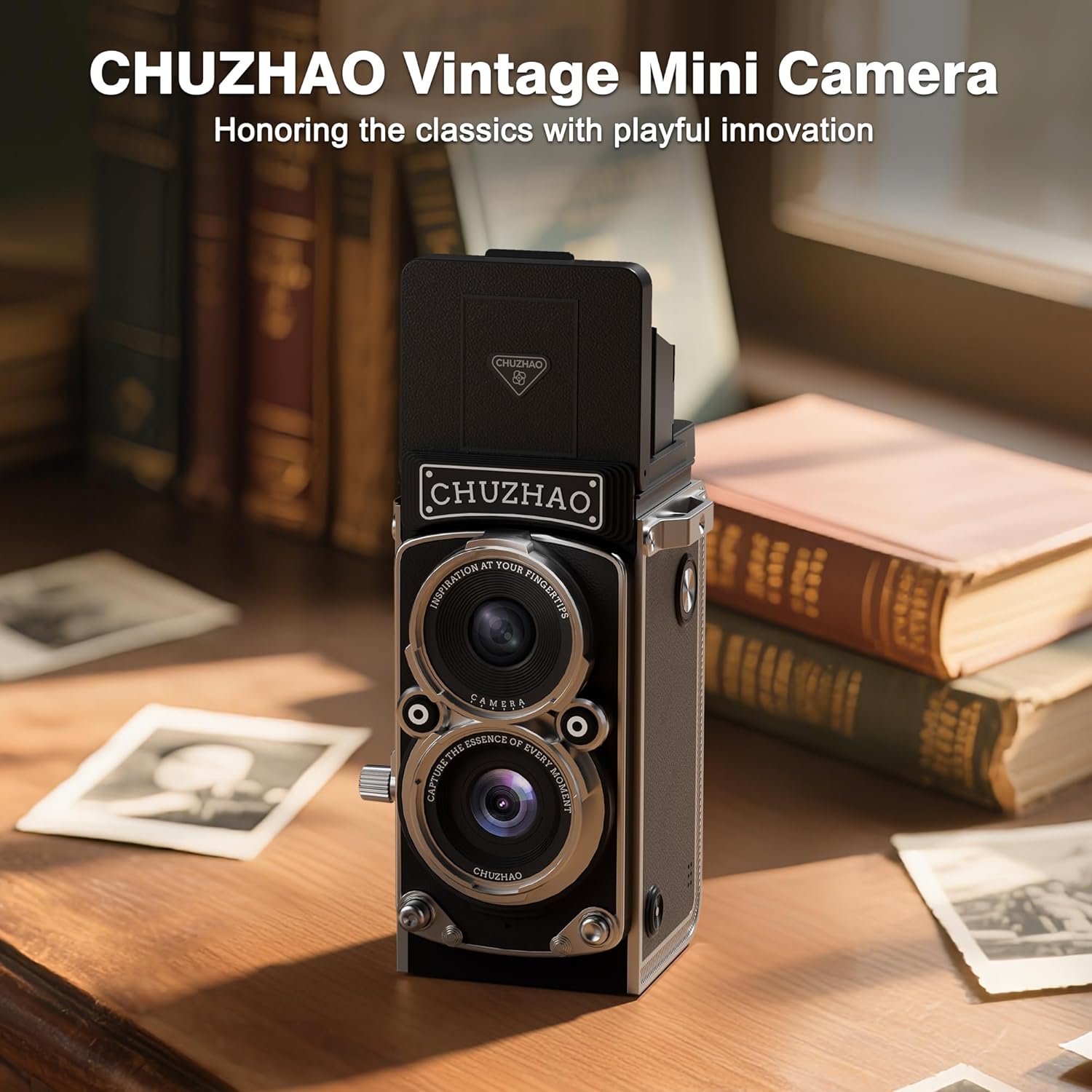 CHUZHAO Mini appareil photo numérique vintage, portable, style TLR rétro, compact, petite poche, vidéo FHD 1080p, 12 MP, mise au point automatique, caméra Vlogging avec carte 16 Go pour débutants, adolescents, adultes, noir – Image 2