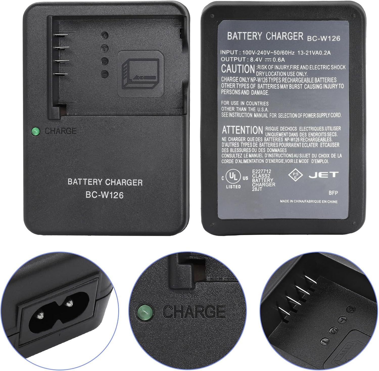 BC-W126S BC-W126 Chargeur de batterie pour Fujifilm NP-W126 NP-W126S Batterie compatible avec Fujifilm X-T100, X-T200, X100F, X100V, X100VI, X-S10, X-A5, X-A10, X-E4, X-Pro2, X-Pro3, X-T1, X-T2, X-T3, X-T10 – Image 3