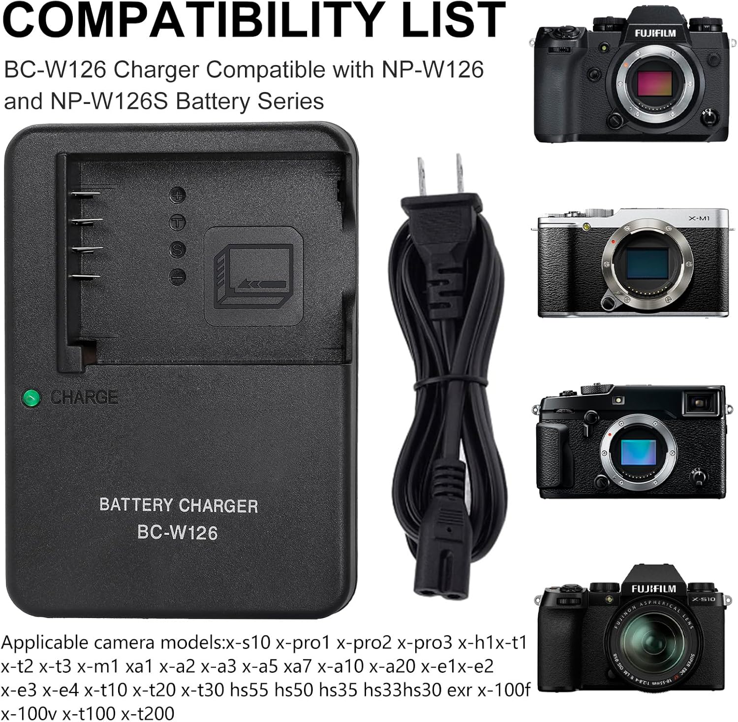 BC-W126S BC-W126 Chargeur de batterie pour Fujifilm NP-W126 NP-W126S Batterie compatible avec Fujifilm X-T100, X-T200, X100F, X100V, X100VI, X-S10, X-A5, X-A10, X-E4, X-Pro2, X-Pro3, X-T1, X-T2, X-T3, X-T10 – Image 4
