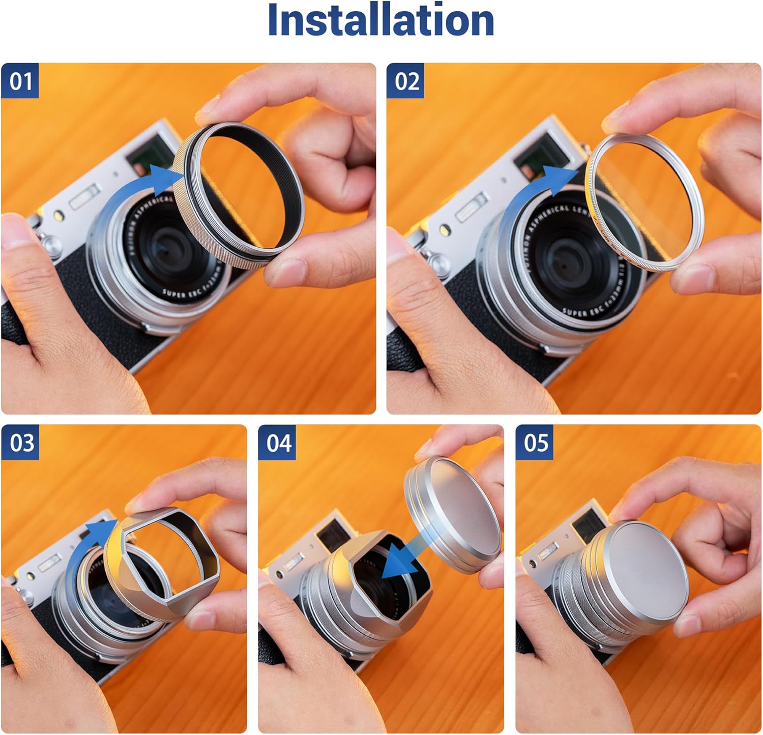 Pare-soleil carré en métal X100VI avec capuchon et anneau adaptateur de filtre 49 mm, couvercle de protection pour appareil photo Fujifilm Fuji X100VI X100V X100F, bloque la lumière parasite (filtre non inclus) – Noir – Image 3